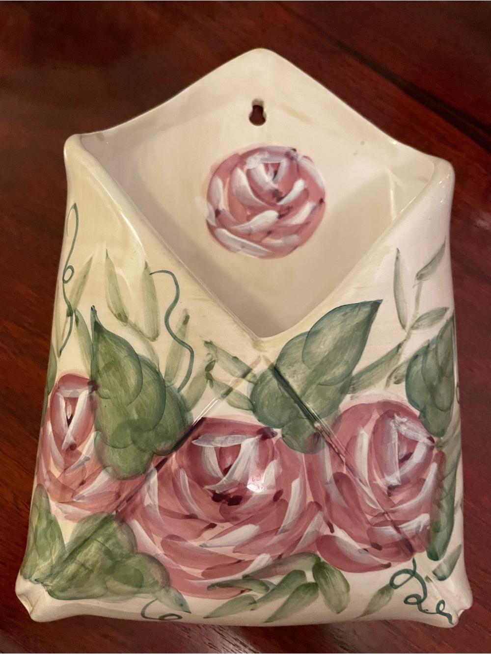 Hand-Painted Pink Rose Ceramic Wall Pocket – Floral Home Art